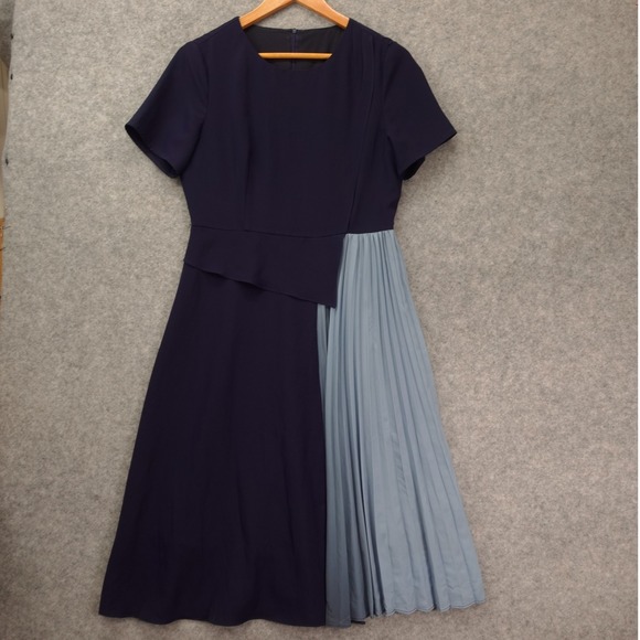 Blue Dresses & Skirts - Navy Minimalist Colorblock Dress Womens M Blue Pleated Midi Elegant Career Mod